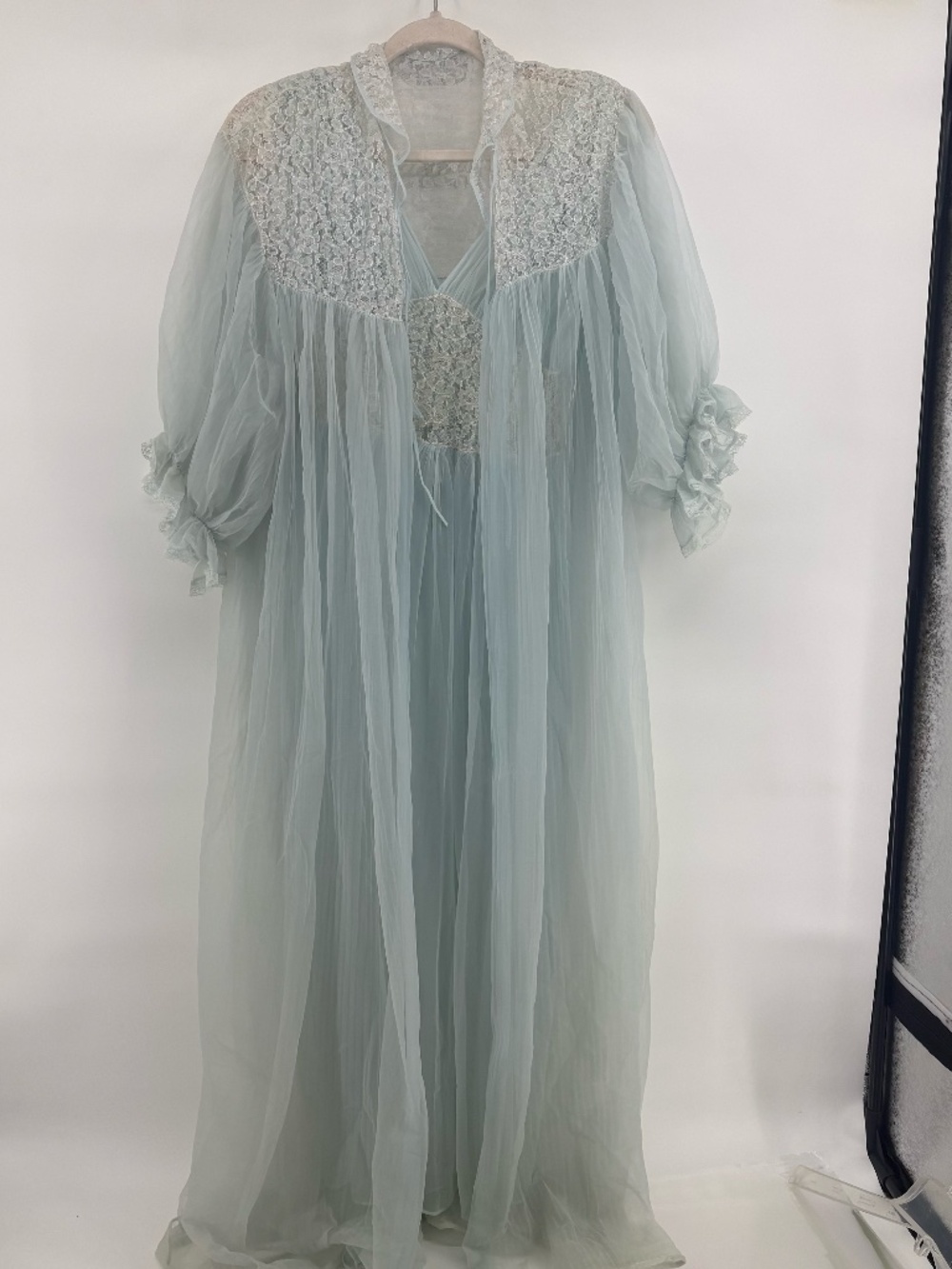 VINTAGE tea gown two piece lace and sheer teal full length gown one size